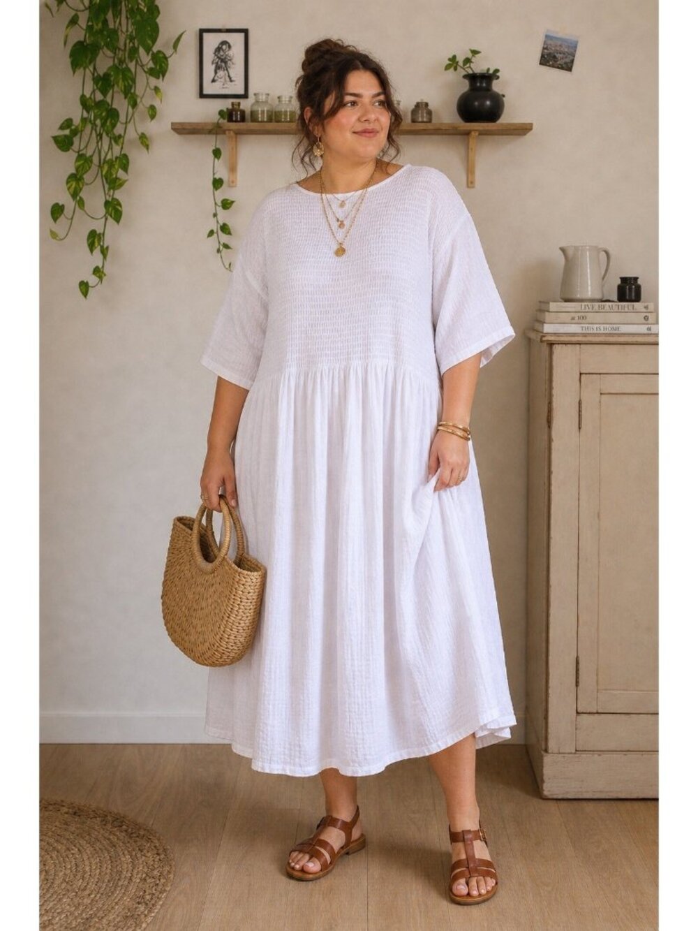 Shiny By Nature Womens Midi Dress 5XL White Cotton Gauze Smocked Minimalist - Picture 1 of 10